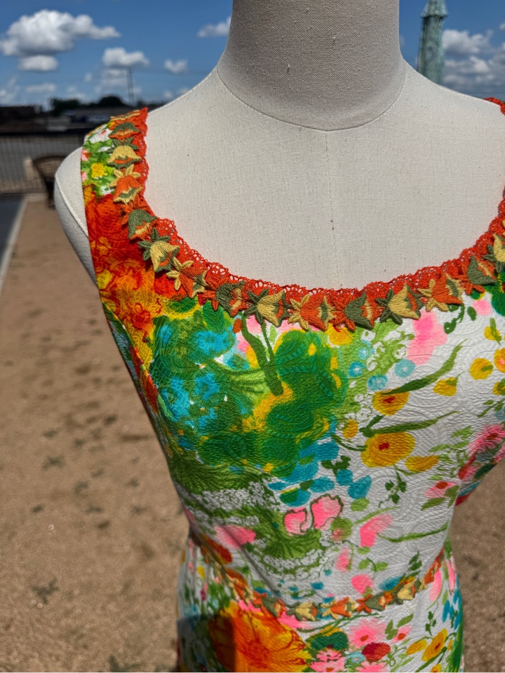 Rare VTG 60s 70s Lanzillotti Bzzz California Floral Maxi Dress White Neon S - Picture 2 of 6